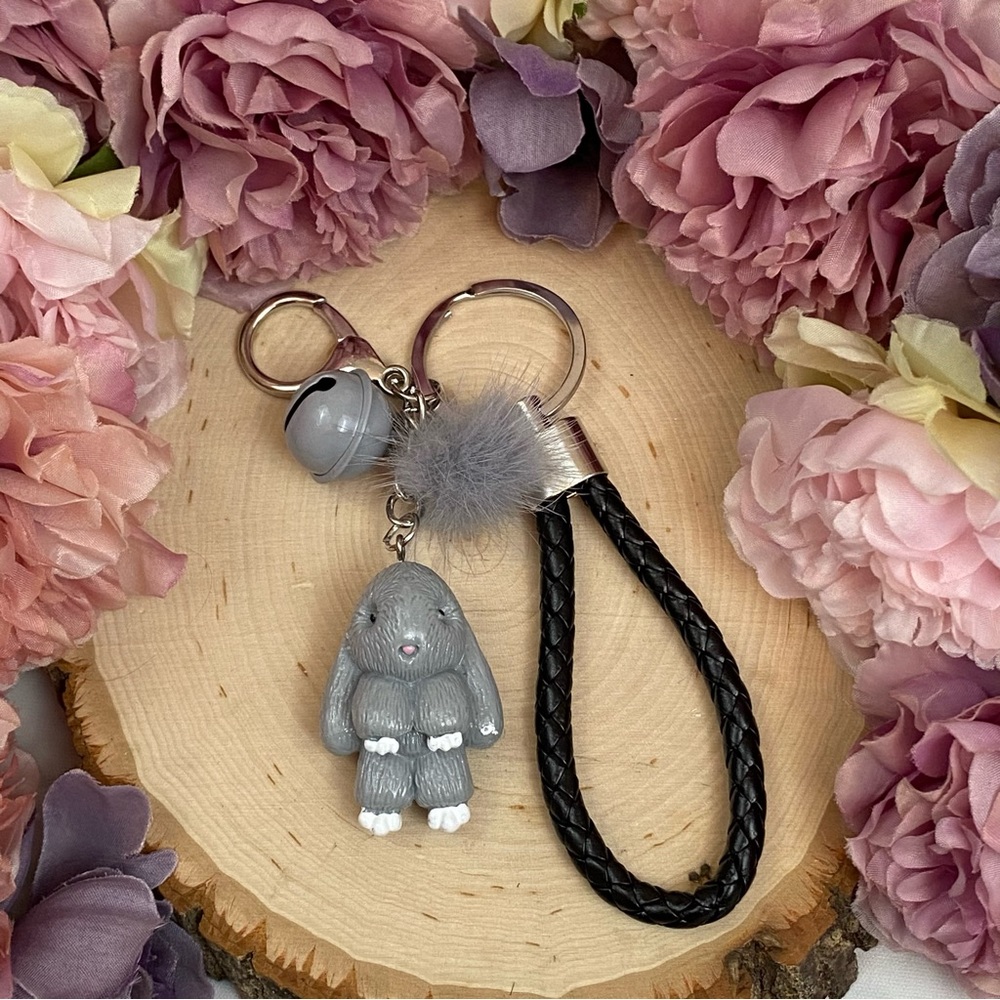 Gray Bunny Charm Keychain with Wristlet Strap - Picture 5 of 13